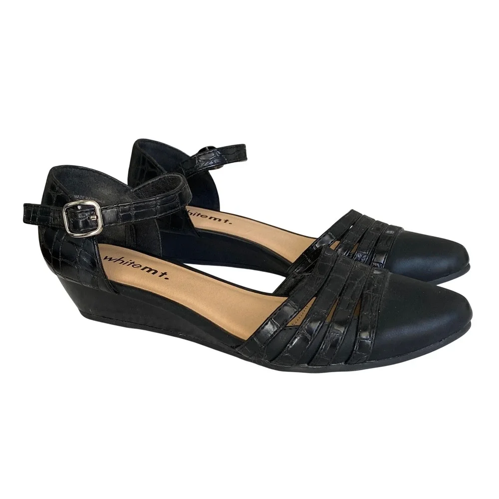 White Mountain Molly Black Wedge‎ Flats Ankle Strap 6 Minimalist Chic Comfort